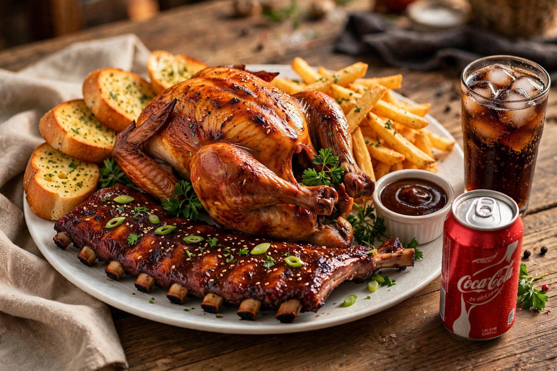 Whole roasted BBQ chicken dinner with ribs, fries, garlic bread, barbecue sauce and cola at Barrie Barbecue Chicken
