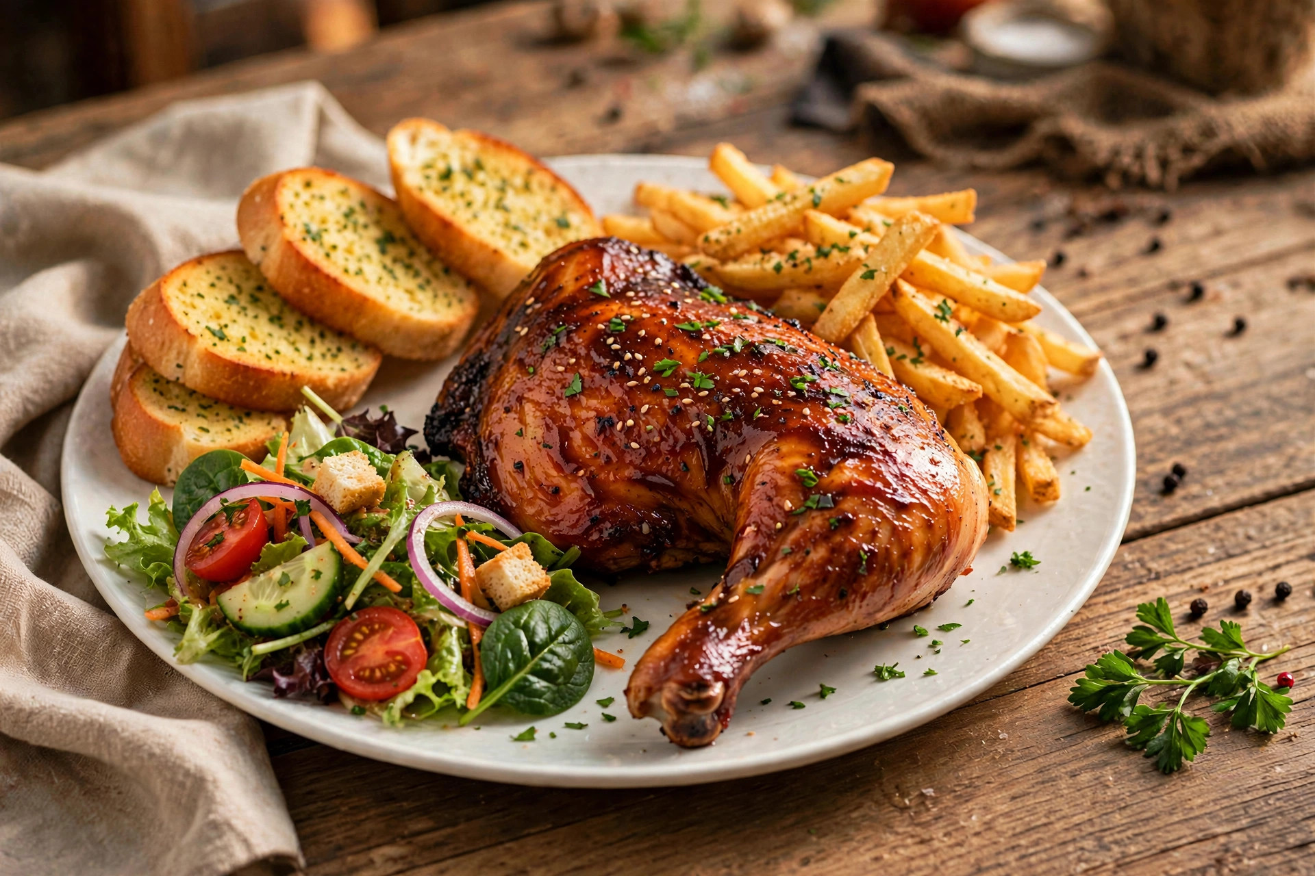 BBQ chicken dinner plate with garlic bread, fries and salad at Barrie Barbecue Chicken in Barrie, Ontario