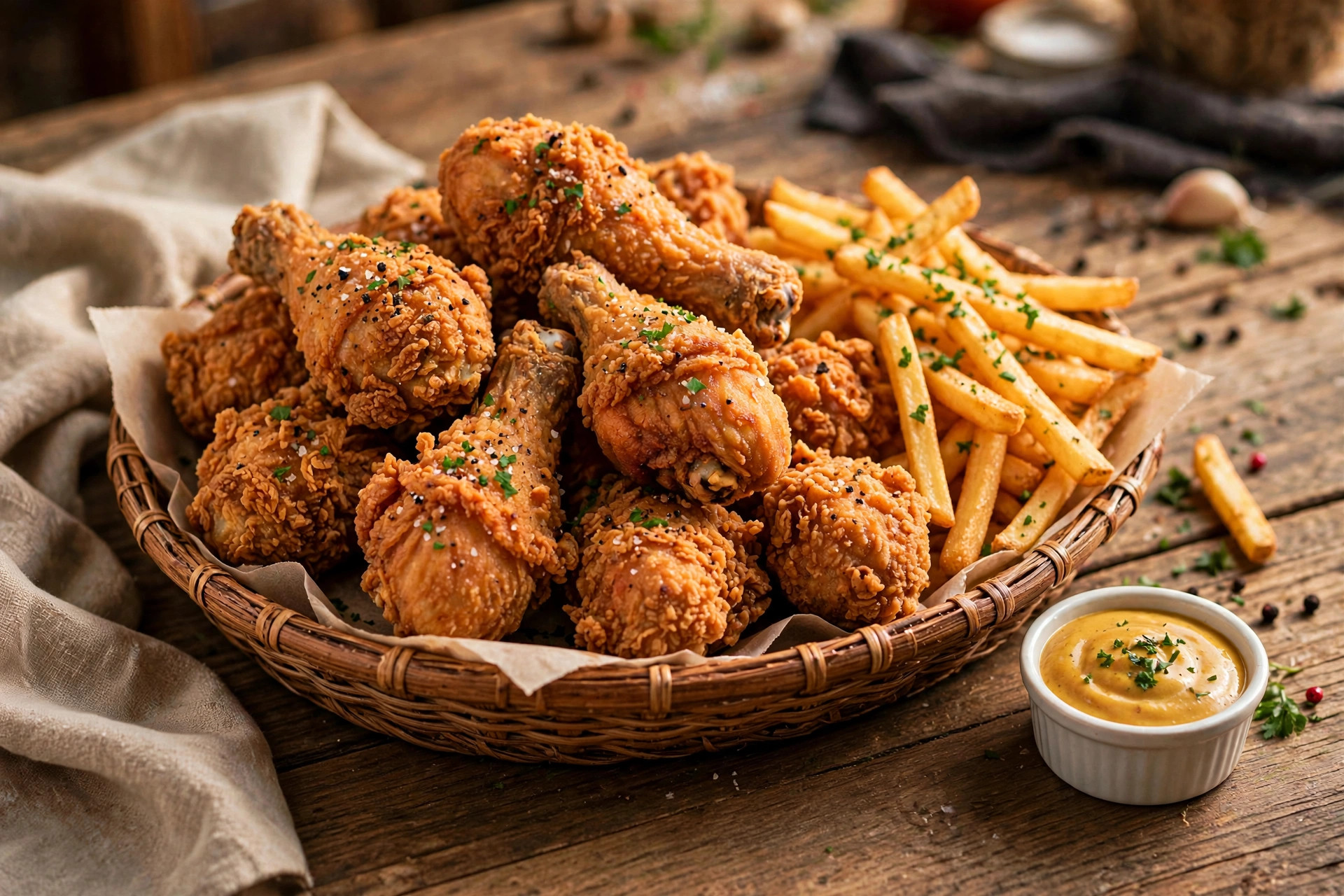 Crispy fried chicken basket with fries and dip at Barrie Barbecue Chicken in Barrie, Ontario