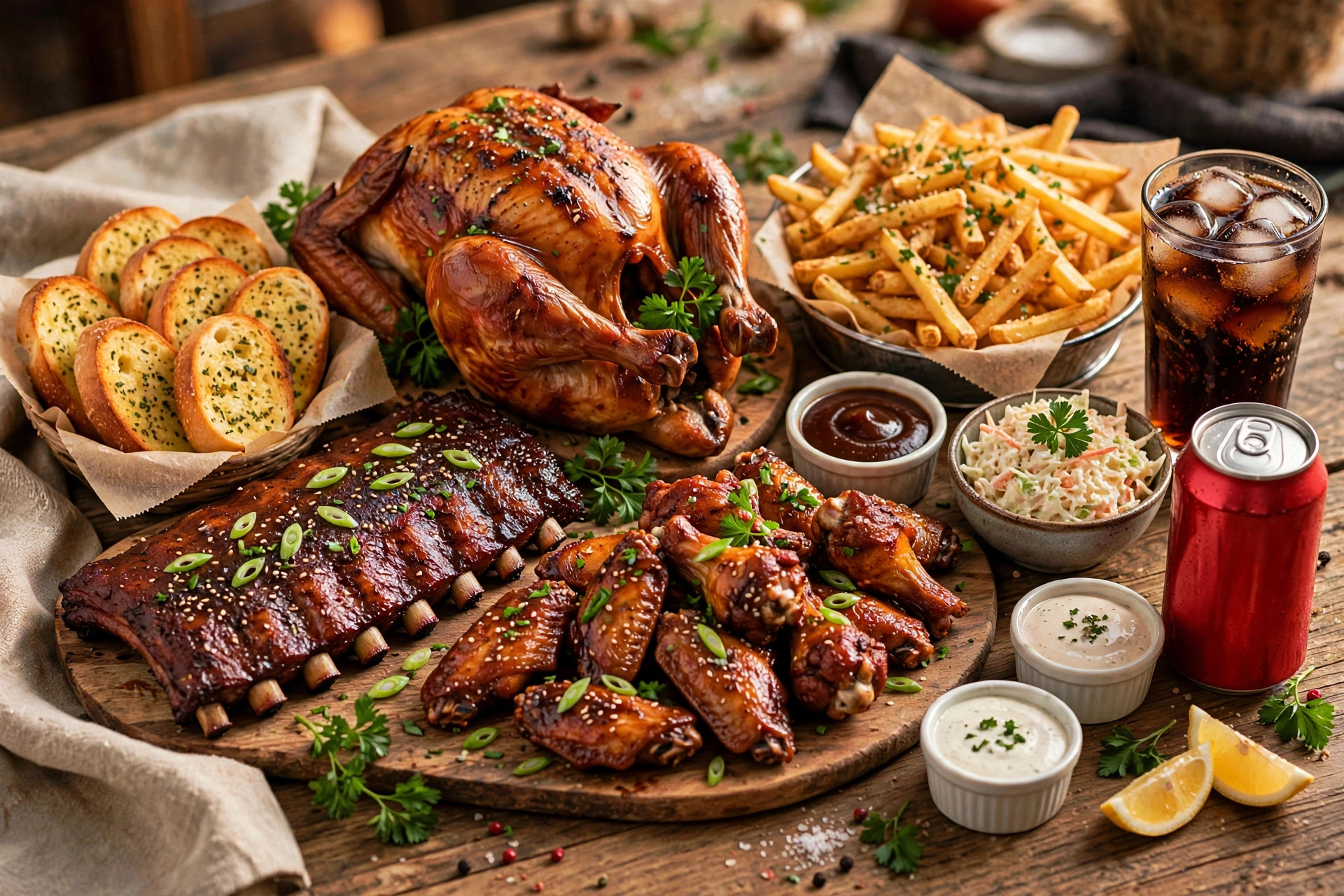 Party pack feast spread at Barrie Barbecue Chicken in Barrie, Ontario