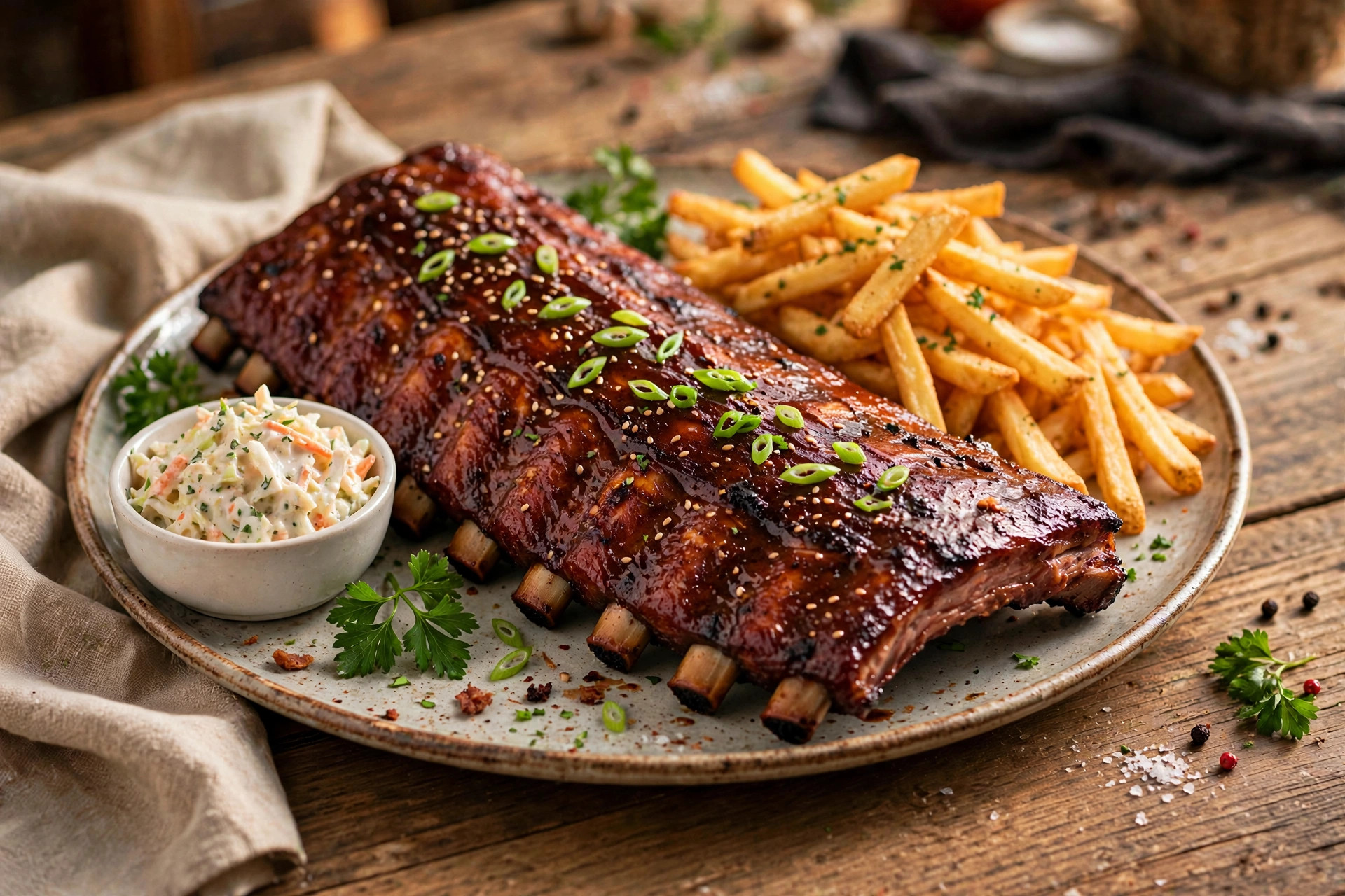 Glazed rack of BBQ ribs with fries and coleslaw at Barrie Barbecue Chicken in Barrie, Ontario