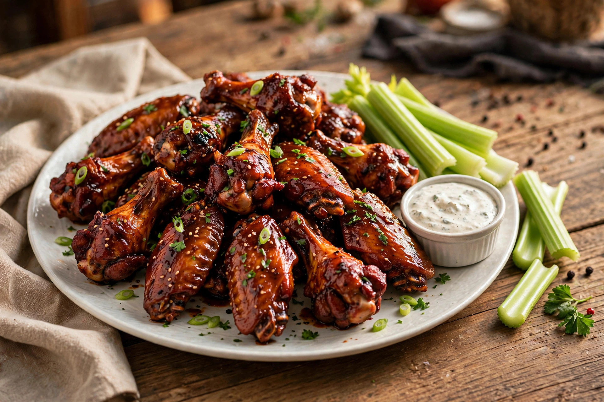 Saucy BBQ wings platter with celery and dip at Barrie Barbecue Chicken in Barrie, Ontario