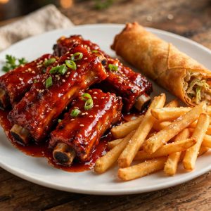 Sweet & Sour Spare Ribs, Spring Roll & Fries